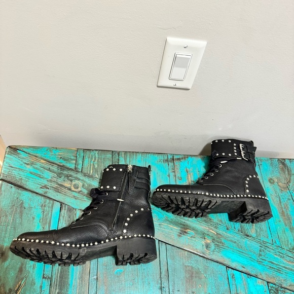 Sam Edelman Jennifer Black Leather Studded Moto Combat Boots Size 9 - Picture 5 of 14